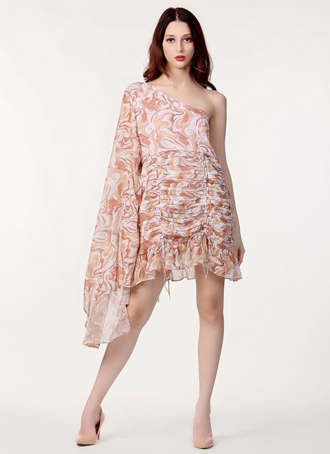 Crinkle Chiffon  Peach Party Wear Printed Readymade Dress